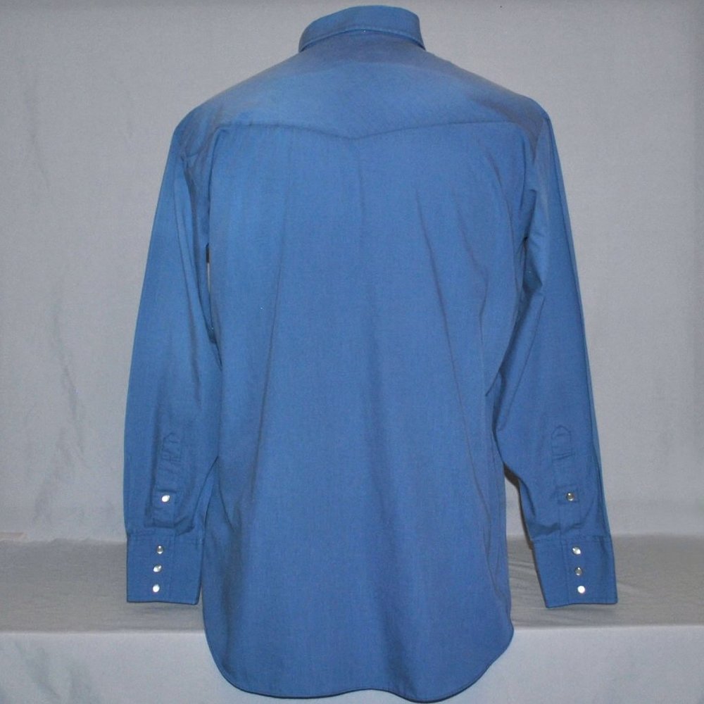 Sheplers Mens Shirt Size 16.5 Faded Blue Long Sleeve Pearl Snap Shirt - Picture 2 of 9